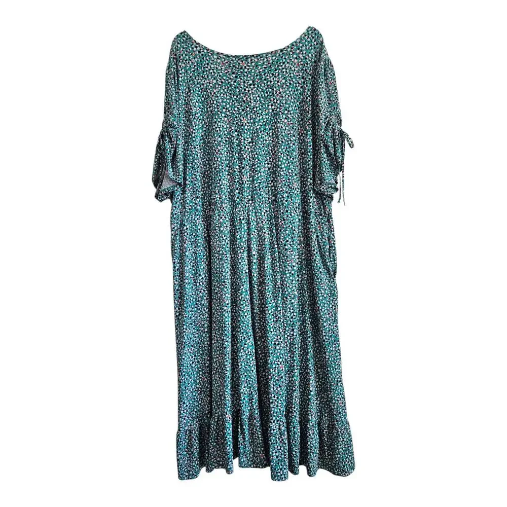 TORRID 6 Women's 30 Dress Midi V-Neck Green Pink Black Dots Faux Wrap Jersey